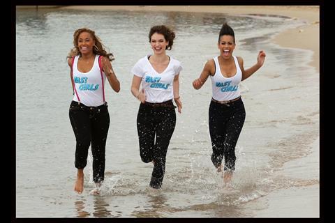 Actresses Lorraine Burroughs, Lily James and Dominique Tipper run along the beach in Cannes to promote Ealing Metro's Fast Girls.